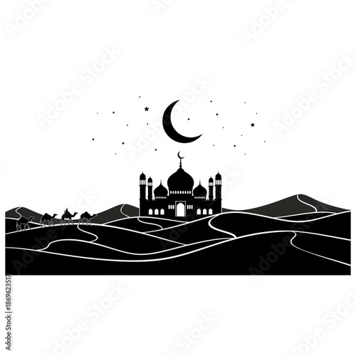 Black silhouette of a peaceful Ramadan night scene featuring a mosque among desert dunes, camels walking slowly beneath a crescent moon and stars, rendered in a clean minimalist style on a white backg
