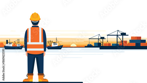 A port worker wearing a safety vest and hard hat stands facing a busy harbor with ships, cranes, and shipping containers at sunset.