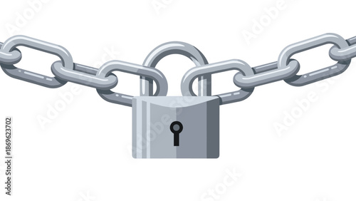 A heavy-duty silver padlock securely locking a thick metal chain, symbolizing security, protection, and lockdown.