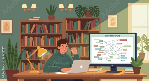 Focused Student Studying with Laptop and Monitor in Home Office.