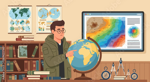 Geography Teacher Explaining Earth with Globe in Classroom.