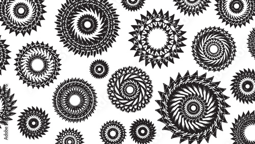 Seamless pattern of geometric floral mandala designs in black and white