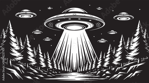 A UFO descends with a beam of light over a forest at night with trees surrounding the event.