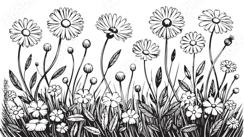 A detailed black and white illustration of various flowers and foliage in a field viewed from the side