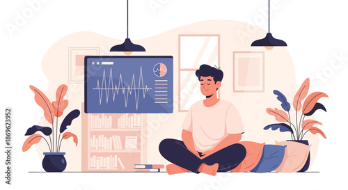 Man Meditating in Living Room with Music Visualizer on TV.