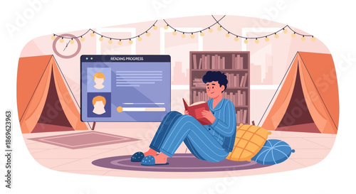 Man in Pajamas Reading a Book in a Cozy Indoor Tent Setup.