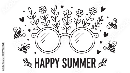 Summer illustration with sunglasses and floral elements in a high contrast black and white design