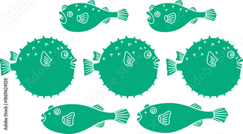 Set of green cartoon fish and pufferfish illustrations