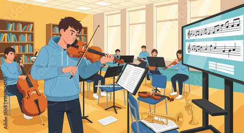 Orchestra Practice Young Musician Playing Violin in Music Class.