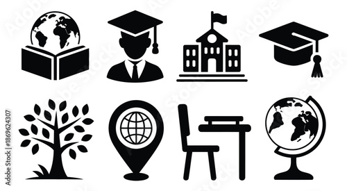 Global education silhouette icons set featuring simple school and learning symbols, ideal for academic illustration, educational apps, e-learning platforms, classroom design,
