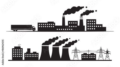 Industrial factory buildings with smoke stacks and a truck, representing manufacturing and production