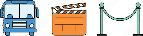 Bus transport clapperboard and queue barrier flat icon set for travel cinema event access and public services vector