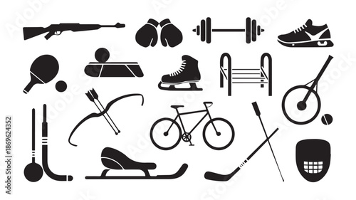 Collection of sporting equipment and icons in minimalist line art style