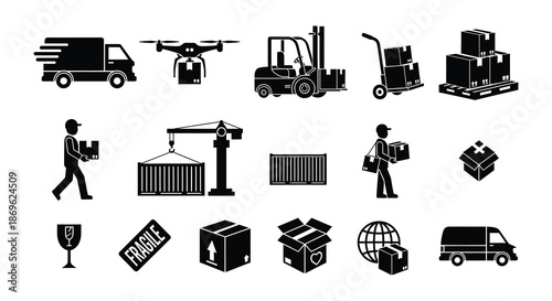 Logistics and transportation icons trucks drones forklifts and shipping symbols