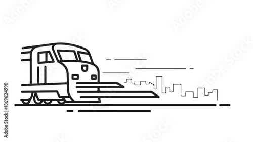 Train in Minimalist Line Art Style with Black Outline on White Background for Transportation Icon
