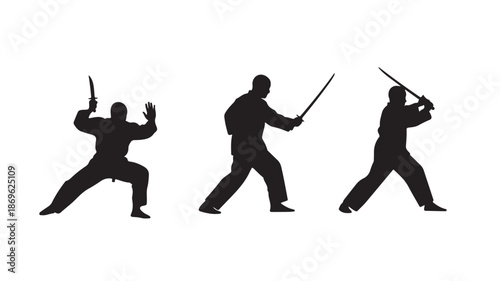 Martial Artist Silhouettes in Dynamic Poses with Sword in High Contrast Black on White Background for Martial Arts Promotion