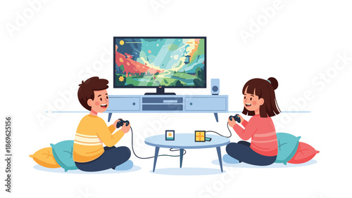 Two smiling children sitting on cushions playing a video game together on a large TV screen, enjoying leisure time.