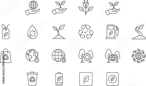 Ecology and environmental sustainability line icon set for green energy recycling global warming nature conservation and organic bio technology.