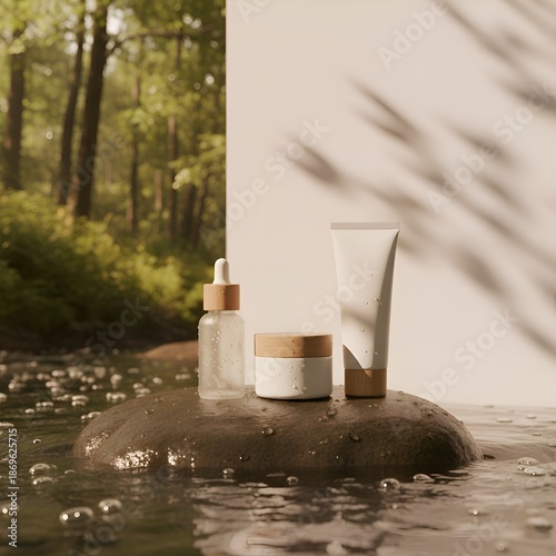 Cosmetic branding mockup on wet river stone with forest sunlight shadows.