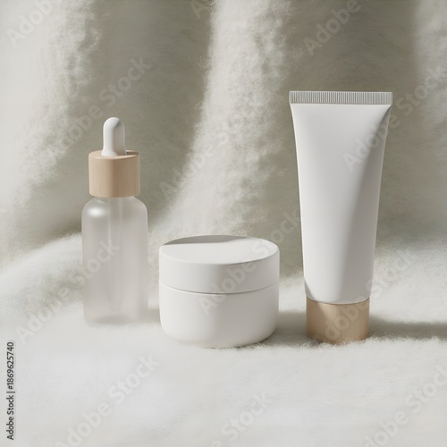 Skincare product mockup on soft white wool texture with studio lighting.