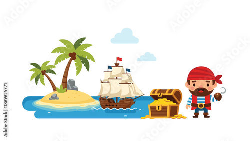 A whimsical pirate scene on a tropical island with a ship, treasure chest, and a pirate, evoking a sense of adventure and fantasy.