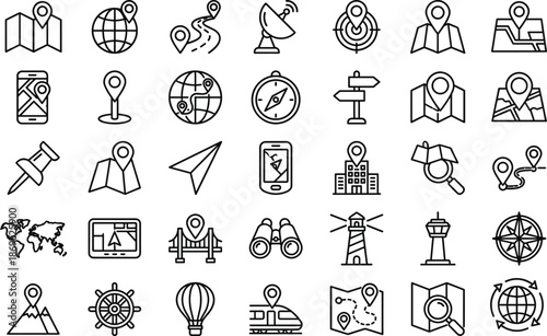 Navigation and location line icon set featuring maps, GPS pins, compass, routes, landmarks, travel, exploration and wayfinding symbols for web, mobile app, UI and infographic design