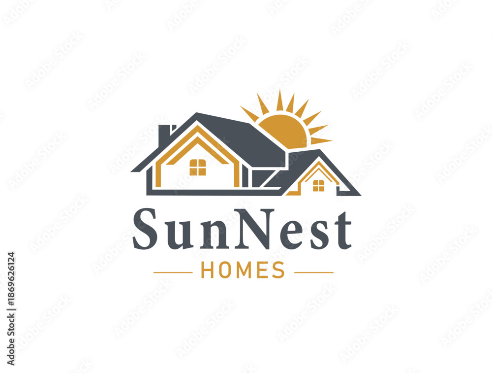Fototapeta premium Real Estate House Logo with Sun – Residential Property, Housing Project & Realtor Brand