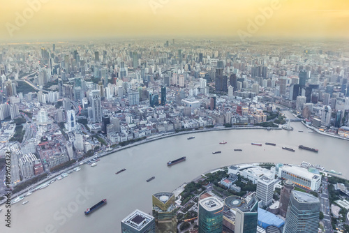 Photography Aerial view over the Huangpu river in Shanghai, China