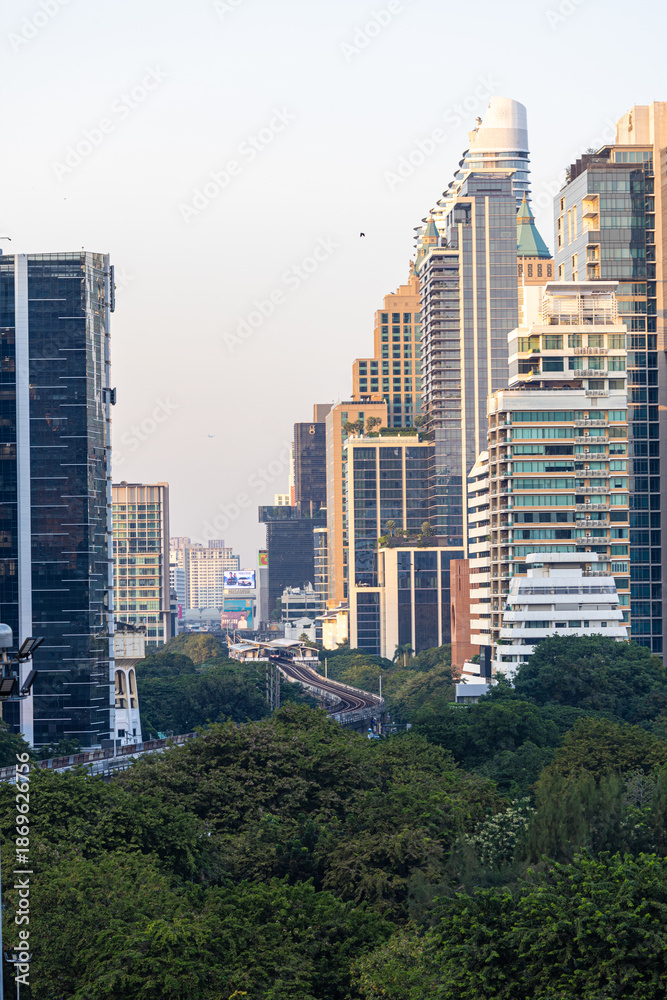 Fototapeta premium Modern office building and condominium with green tree Lumphini park sunset sky