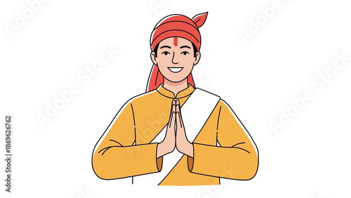 Illustration of a person wearing traditional clothing and headscarf with hands together in a gesture of respect or greeting