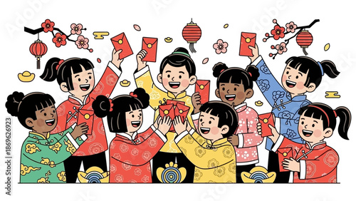 Group of women celebrating Lunar New Year together with traditional clothing and red envelopes