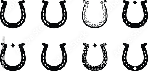 Horseshoe icon set for good luck fortune equestrian sports horse racing ranch farm and western cowboy tradition symbols,