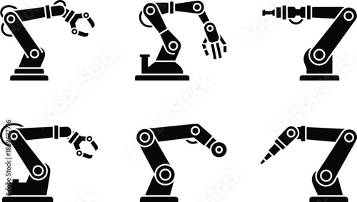Industrial robotic arm icons for manufacturing automation factory technology engineering robotics assembly line smart industry and futuristic innovation,
