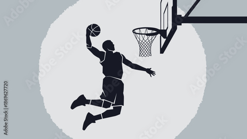 Silhouette of Dynamic Male Basketball Player Dunking Ball in Action on Gradient Grey Background