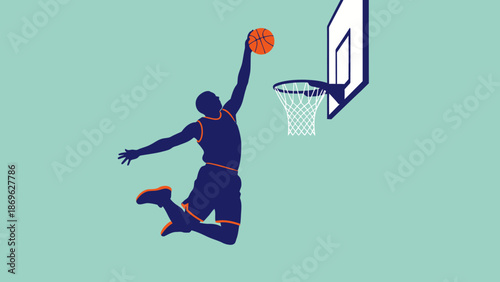 Powerful Male Basketball Player Dunking the Ball into the Hoop on a Light Teal Background.