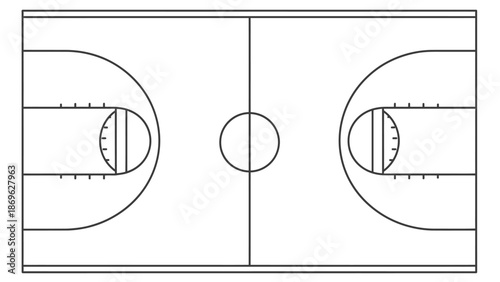 Detailed Outline Diagram of a Full Basketball Court from Top View on Isolated White Background