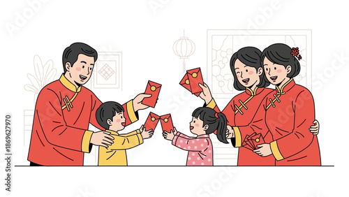 Family in traditional attire exchanging red envelopes during a festive celebration