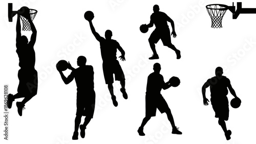 Diverse Male Basketball Player Silhouettes in Action Poses, isolated white background