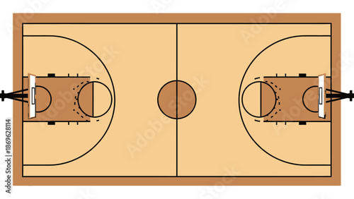 Basketball Court Top View with Wooden Floor and Hoops, isolated white background