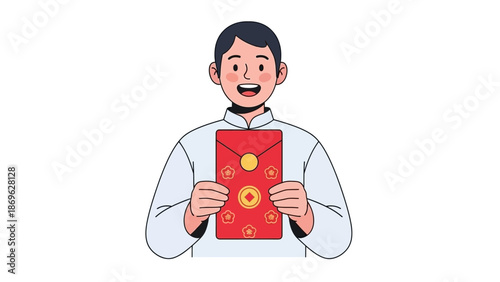 Man holding a red envelope with a golden seal in a festive gesture