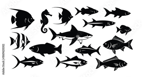 A collection of various black silhouette marine life including fish and seahorses