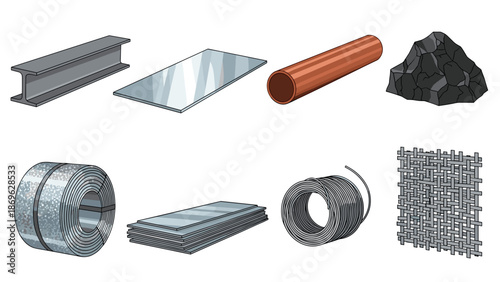 A collection of various metal and material samples arranged in a grid on a white background