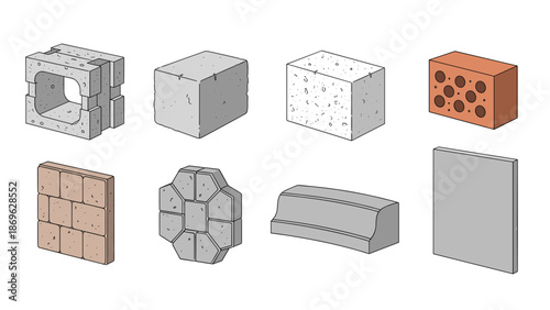 A set of various construction bricks and blocks in different shapes and materials