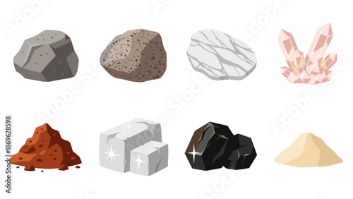 A vector graphic illustration of various mineral and rock types in a flat design style
