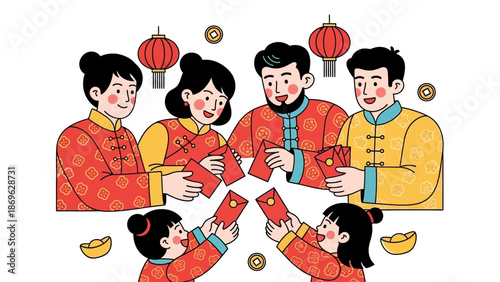 Family exchanging red envelopes during Lunar New Year celebration illustration