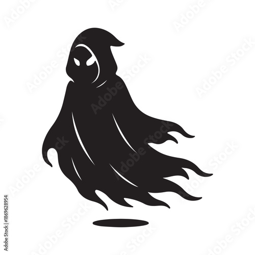 A spooky cloaked figure in black silhouette, with glowing eyes, floating ominously