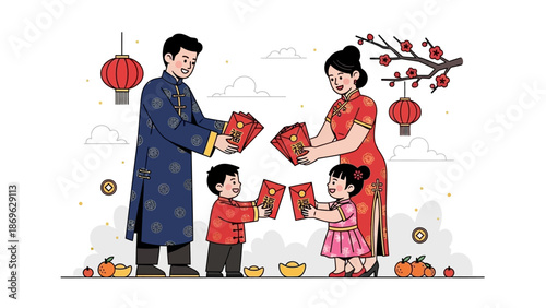 Family Celebrating Lunar New Year Together with Red Envelopes and Lanterns