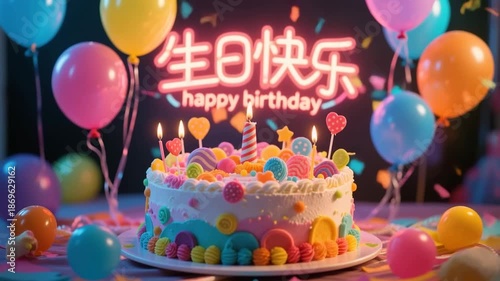 Birthday cake with candles and balloons for a celebration