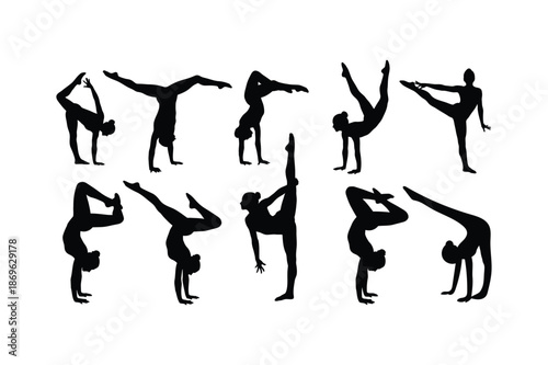 Silhouette of various yoga poses for flexibility and balance showcasing different asanas in a single image