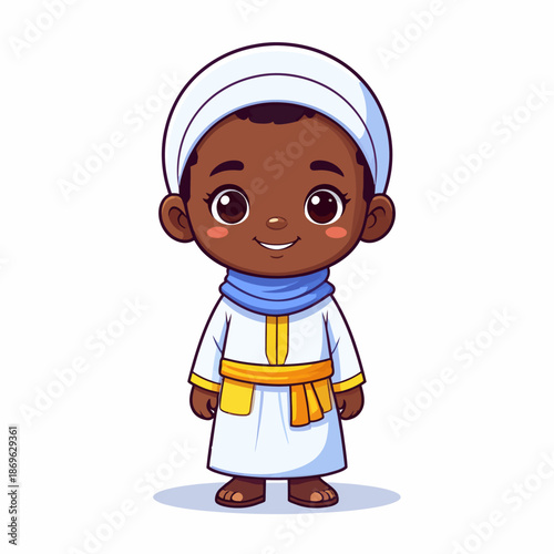 Adorable illustration of a young African boy in traditional Islamic clothing, smiling warmly, rendered in a charming cartoon style